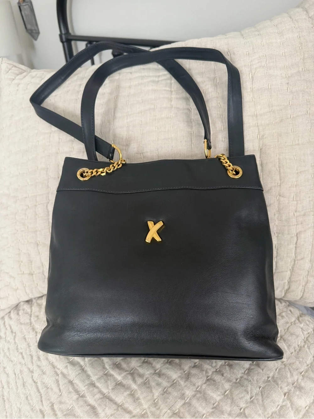 Paloma Picasso Black Leather Shoulder Bag with Kisslock Coin Purse